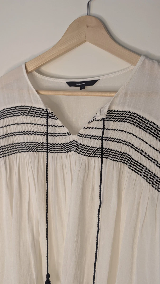 VERO MODA Women's Peasant Blouse V-Neck Long Sleeve Striped Tassel Tie XL