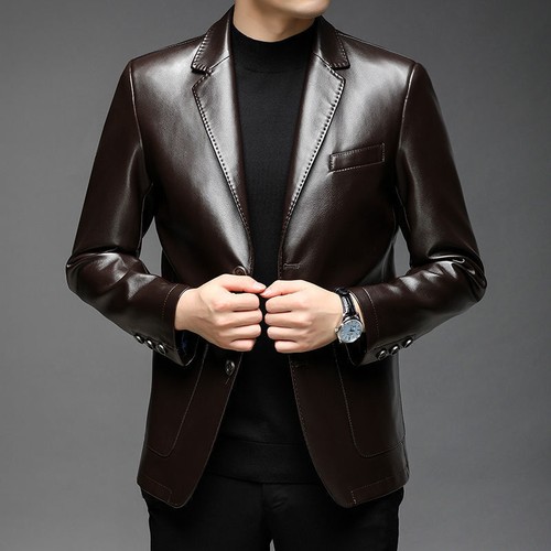 Hombres Traje-Chaqueta Negocios Informal Botón Solapa Cuello Imitación Cuero Traje Abrigo - Imagen 13 de 13