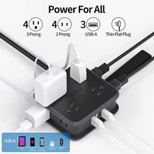 Flat Plug Power Strip 8 Outlets 2 3 USB Ports With 5 Ft Extension Cord Black
