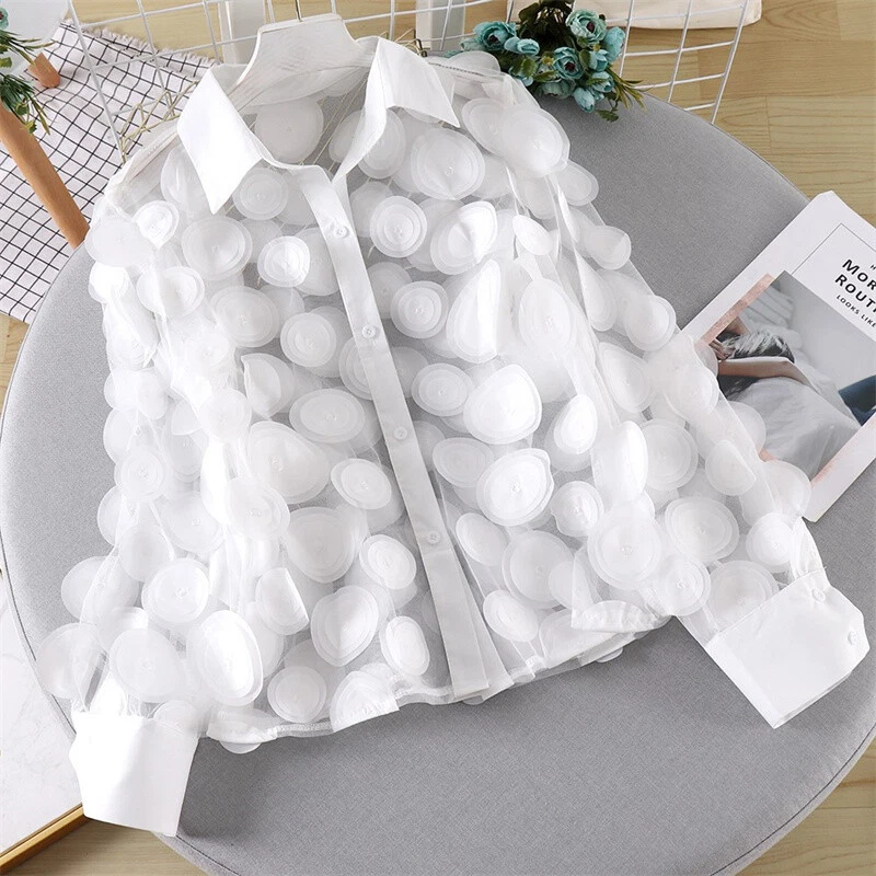 Tops Puff Sleeve Sheer Polka Dot 3D Women Mesh Chiffon Shirt Blouse - Imagem 4 de 4