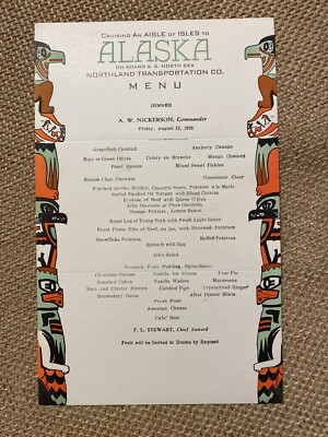 Cruise Line Menu Postcard Northland Transportation SS North Sea 1938 Alaska