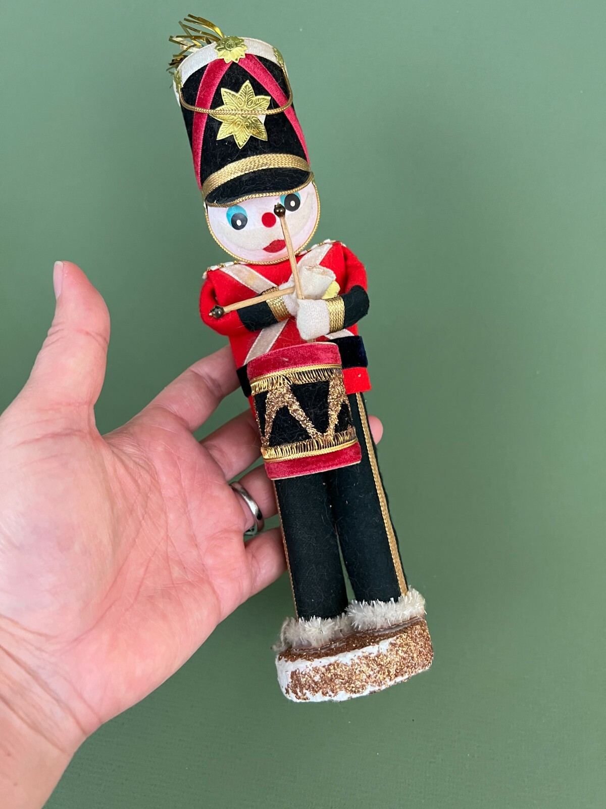 VTG Japan Flock Paper Felt Gold Tinsel Stand Drummer Nutcracker Christmas Decor