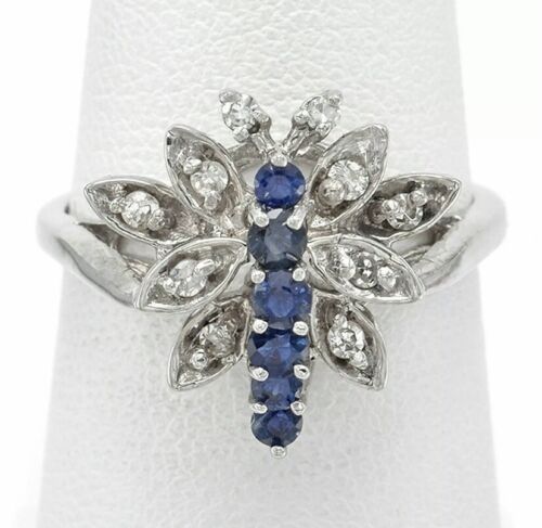 Vintage 14K White Gold Blue Sapphire /& Diamond Butterfly Cocktail Ring