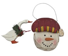 2 Midwest of Cannon Falls Signed Snowman Christmas Ornaments Wood Goose Carved