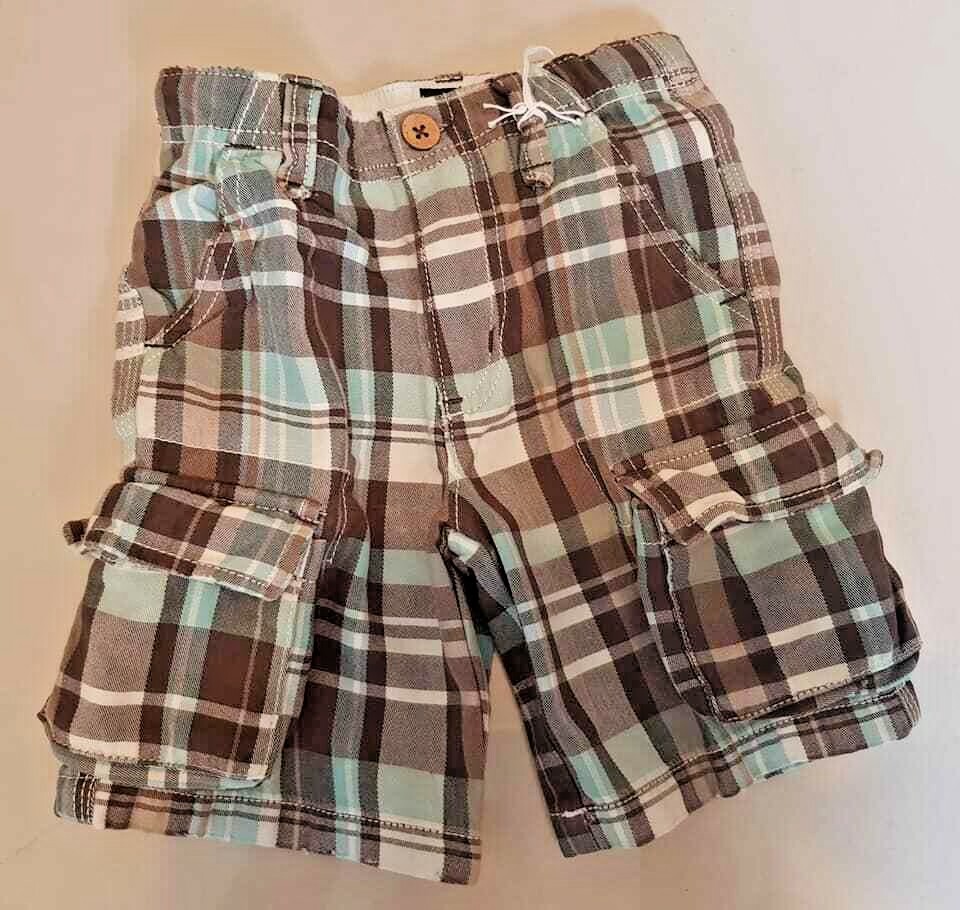 EX BODEN Boys Cotton Checked Cargo Shorts Green Brown Bnwot