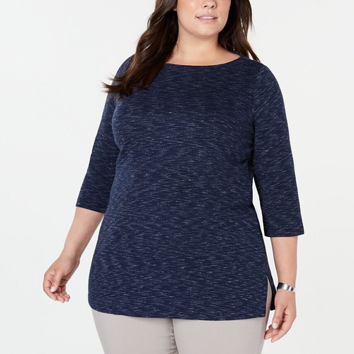 Karen Scott Shirt Plus Size Women Boat Neck 3/4 Sleeve Space Dye Cotton Top  Blue | eBay