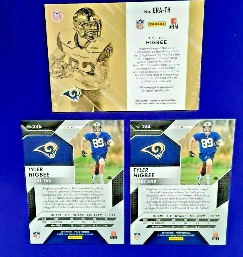 2016 TYLER HIGBEE AUTO #24/49 ELITE BLUE + 2 SILVER PRIZM RC MT RC  - Image 2 of 3