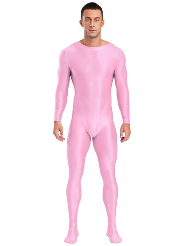 Mens Glossy Bodysuit Zip Back Suit Long Sleeve Leotards Footed Jumpsuit Bodysuit - Picture 27 of 68