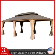 14x22 Hardtop Gazebo Galvanized Steel Double Canopy w/ Curtain&Netting Pavilion