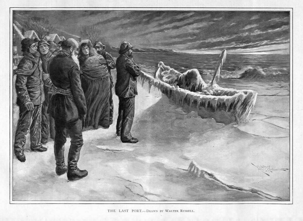 FISHERMEN LOOKING AT THEIR ICED UP FISHING BOAT LAST PORT NAUTICAL FROZEN BOAT