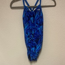 NWOT TYR Open Back Geometric Blue Swim Suit Size 32