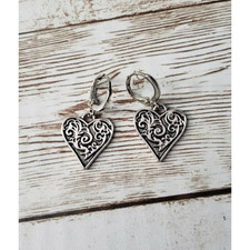 Ornate Silver Tone Heart Drop Earrings - Brand New