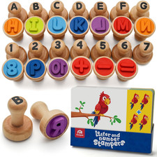Wooden Alphabet Number Stamp Flashcard, ABC Spelling Letter Stampers and Mathema