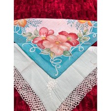 Pair Hankerchiefs 13 in -Blue w/tatted 12 in Coral Red Floral see desc