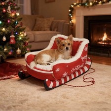 Christmas Cat Bed Holiday Sleigh Dog Bed Winter Soft Warm Bed Pet Bed