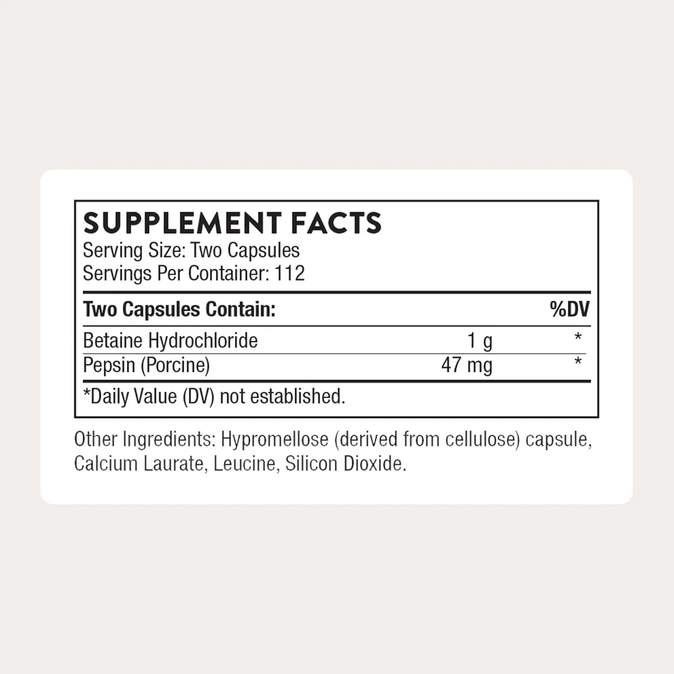 THORNE Betaína HCL y Pepsina 225 Cápsulas - Apoyo enzimático digestivo Foto 2 de 4