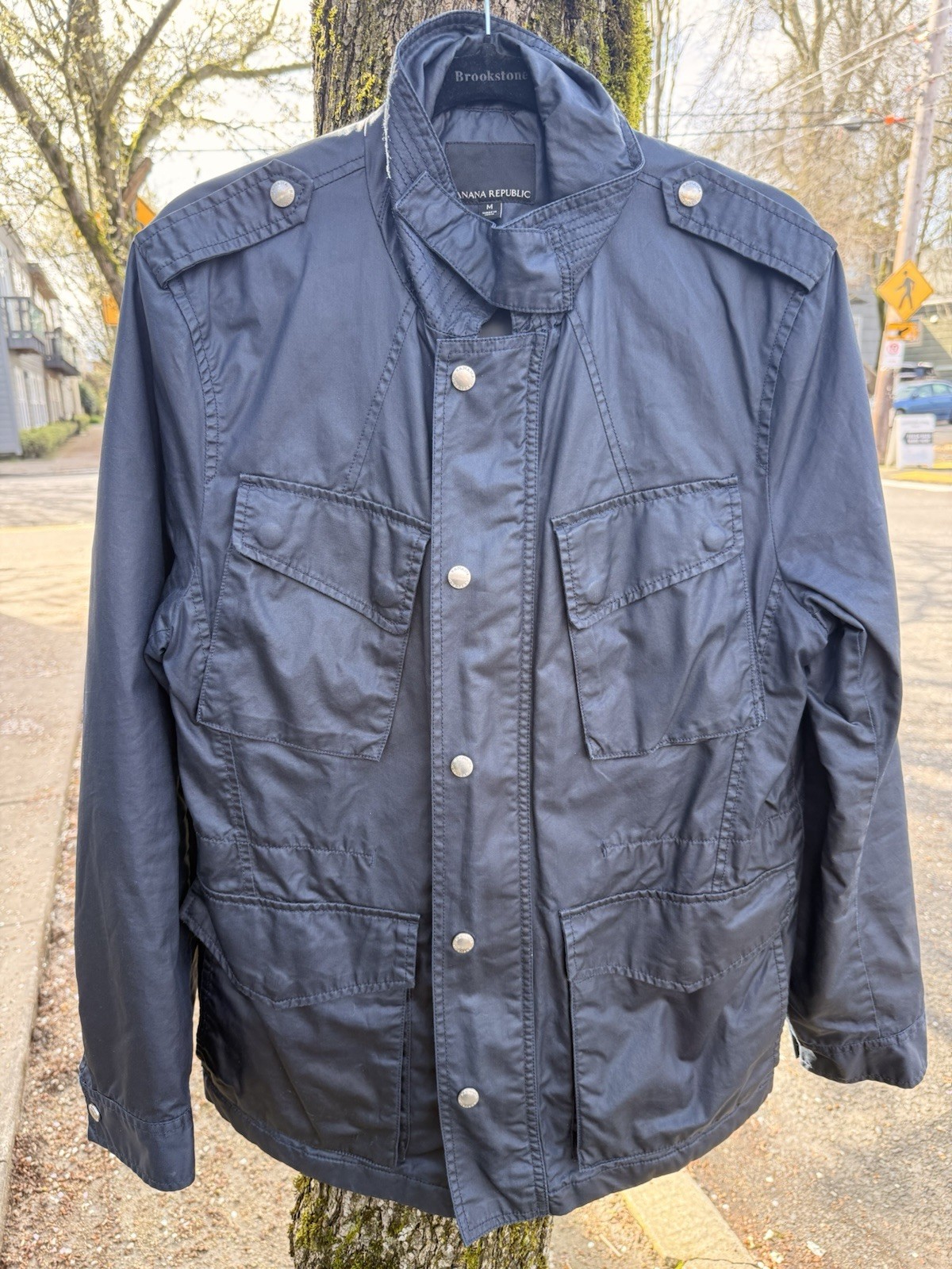 Banana Republic Jacket Mens Medium Black Field Two-Way Zip Stand Collar Pockets