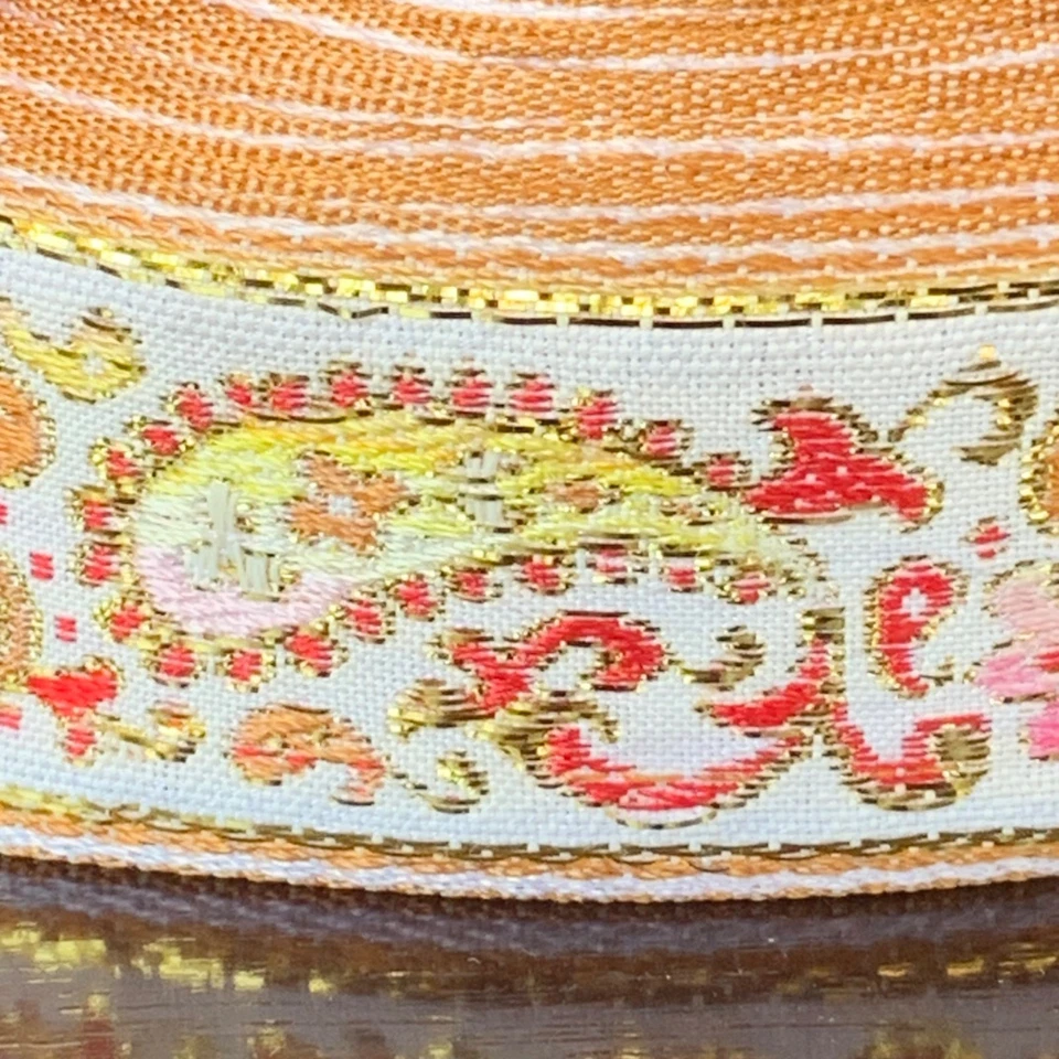 Vintage Floral Paisley Jacquard Brocade Ribbon Gold Pink Yellow 1.5” Wide Estate - Image 2 of 4