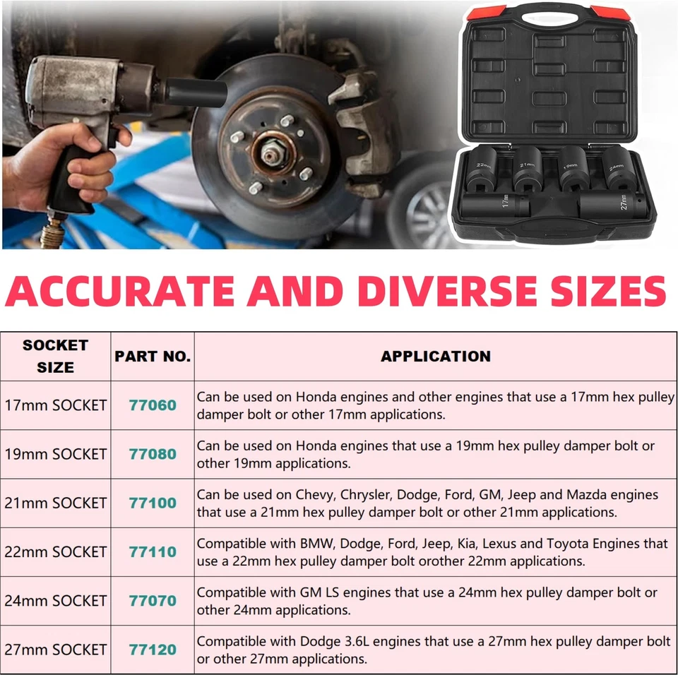 6 Pack Crank Bolt Socket Set Harmonic Balancer Impact Socket 17/19/21/22/24/27m - Image 2 of 4