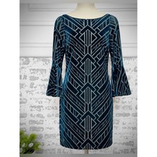 Vince Camuto Black and Teal Geometric Velvet Midi Dress