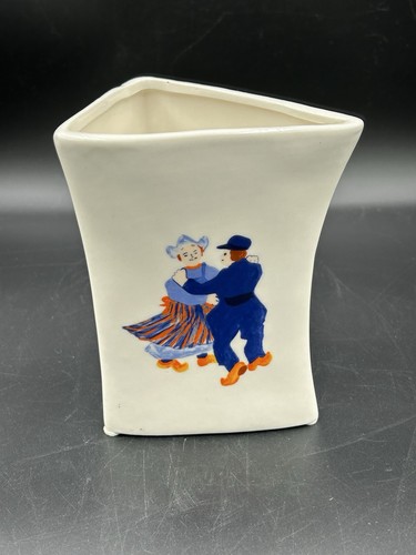Dutch Vase Triangular Shape Windmill Dancers on Two Sides 5 1/2 inches Ceramic