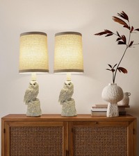 Vintage White/Wood Grain Owl Table Lamp - Resin Sculpture Base  Linen Shade ...