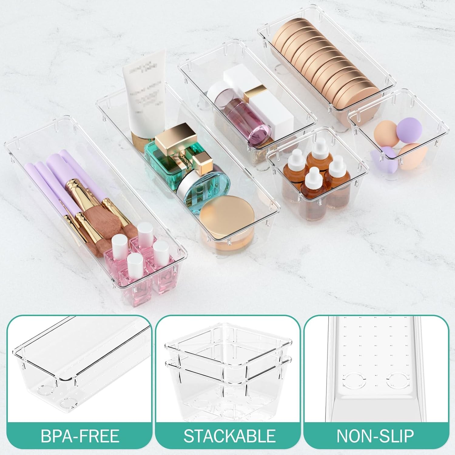 6 Pack Clear Drawer Organizer Set Acrylic Drawer Storage Trays Storage Bins
