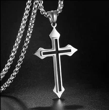 Silver Black Double Layer Cross Pendant Necklace Christian Jewelry Box Chain 24"