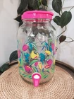Vintage FLOWERED Sun Tea Jar Anchor Hocking Glass Lemonade Beverage Dispenser