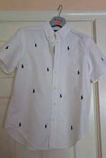 Ralph Lauren Boys Collegiate Embroidered Logos Short Sleeve Button Down 14-16