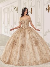 Champagne Gold Off Shoulder PromDress Luxury Princess Ball Gown 3D Flower Sequin