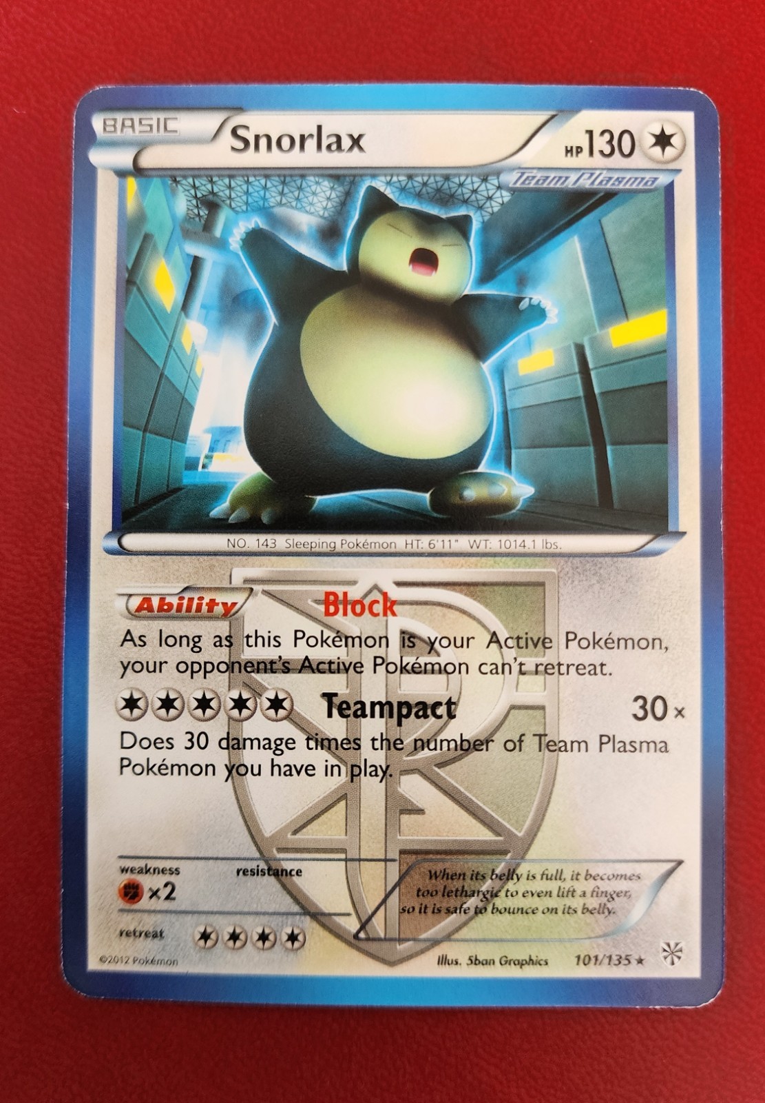 Snorlax (Team Plasma) 101/135 Plasma Storm Pokemon Card NM FRESH Blue border