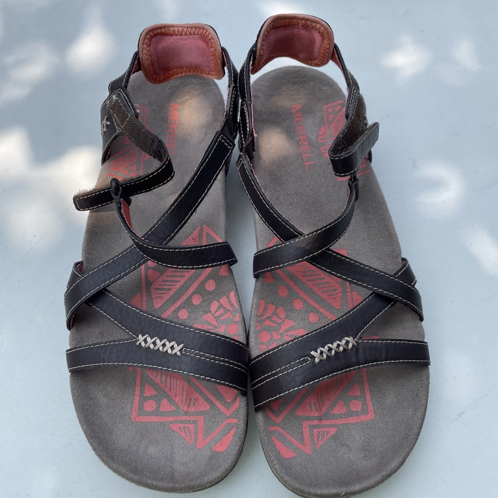 MERRELL Sandali donna Merrel sabbia rosa corallo piatto pelle marrone cinturino regolabile 8