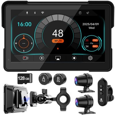 7 Inch Motorcycle Carplay with Android Auto Dual 2K Dash Cam (Includes 128G SD)