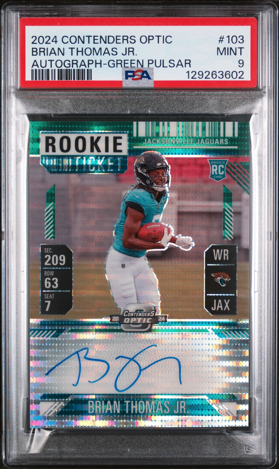 2024 CONTENDERS OPTIC AUTO-GREEN PULSAR #103 BRIAN THOMAS JR. 16/30 PSA 9