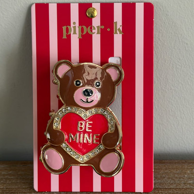 Piper K Teddy Bear Be Mine Heart Hair Claw Clip Gold Enamel Rhinestone NWT