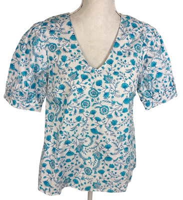 Draper James Women's XS V-Neck Puff Sleeve Blouse Top Blue Floral NWT 9265