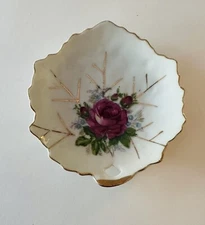 Vintage Trinket Dish Maple Leaf Shaped Pink Rose Porcelain Ceramic Gilded Japan
