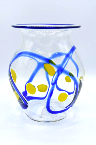 Hand Blown Art Glass Vase Clear with Cobalt Blue Swirls Yellow Spots Mexico? - Picture 4 of 14
