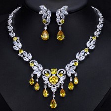 Charming Yellow CZ Leaf Tassel Drop Necklace Earring Jewelry Set for Women Party