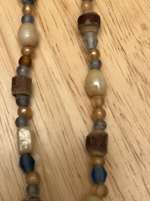 Vintage Beaded Necklace Glass Beads Blues White Beige Brown Round Rectangle