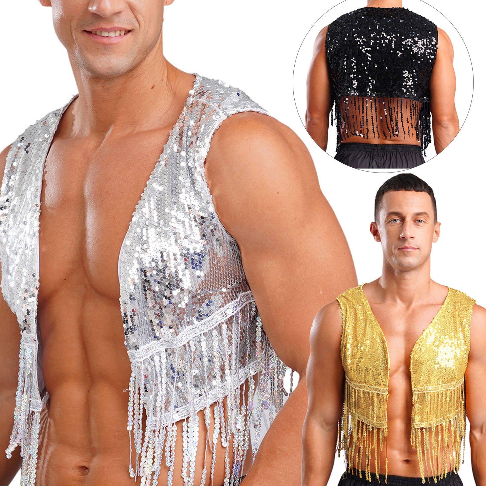 Men's Glitter Sequin Tassel Waistcoat Stage Performance Vest Costume