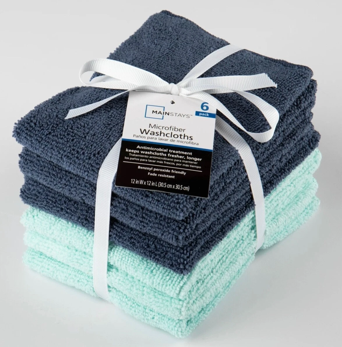 Mainstays 6-Pack Microfiber Washcloths, Benzoyl Peroxide Resistant, Mint &  Blue