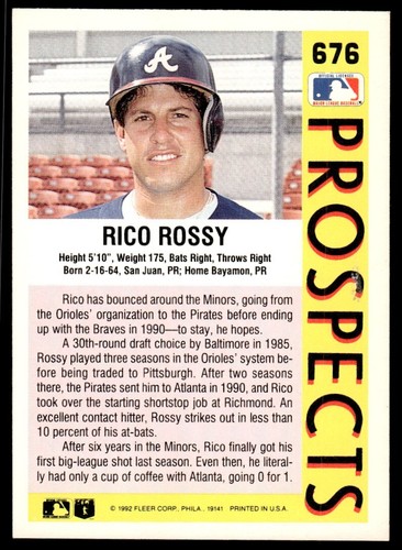 1992 Fleer Rico Rossy Rookie Baseball Card Atlanta Braves #676 - Picture 2 of 2