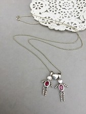 Sterling Silver Birthstone Kid Charm Twins Red Garnet January Necklace 24" Heart
