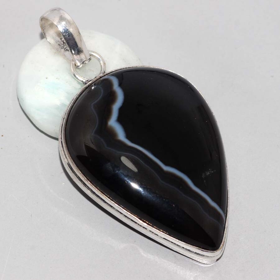 Banded Black Onyx 925 Silver Plated Gemstone Pendant 2