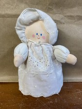 Vintage Eden Baby Plush Doll White Eyelet Dress Bonnet Rattle 7" HTF Rare