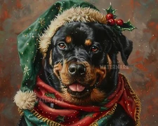 8x10 Matte Print Festive Rottweiler Elf Oil Painting