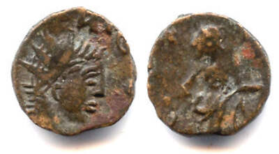 Ancient barbarous antoninianus of Tetricus II (minted ca.270-280 AD), Salus hold