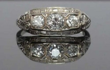 1 Ctw White Round Cut CZ  Three Stone Antique Style Art Deco Ring In 925 Silver